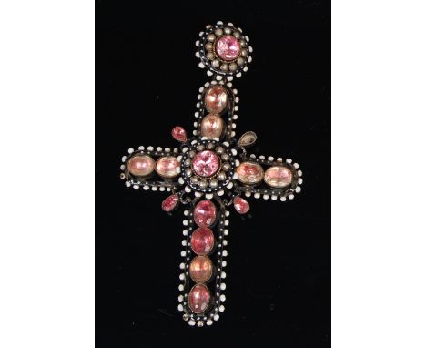 A late 19th century continental gilt metal paste and enamel set brooch, in the form of a cross with matching bale (one stone 