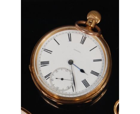 A late Victorian 18ct gold gents pocket watch, having numbered white enamel dial with subsidiary seconds dial, keyless moveme