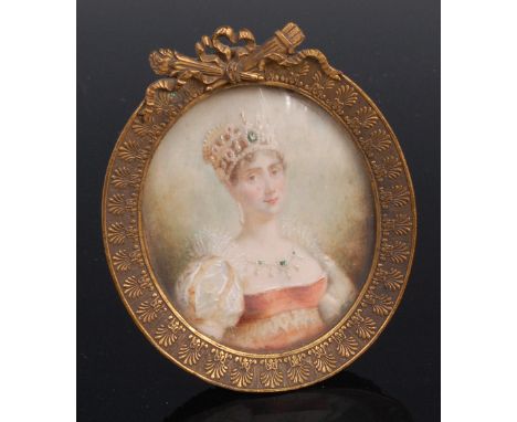 Late 18th century school - Portrait miniature of the Empress Josephine, wearing a jeweled tiara and necklace, watercolour on 