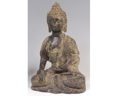 A Chinese bronze figure of a seated Buddha, in Dhyanasana pose, his robes with cloud scroll borders, h.32cm 