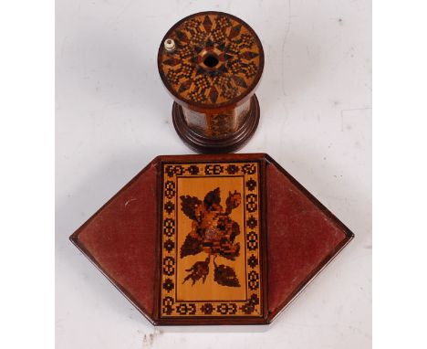 A Victorian rosewood and Tunbridge ware pin cushion box, of hexagonal form, the lift-off cover with stylised leaf and flower 