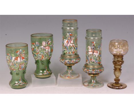 Two pairs of late 19th century Bohemian green glass vases, each brightly enamelled with a medieval knight on horseback within