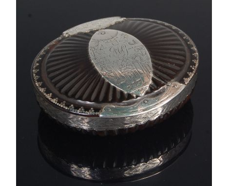 A George III tortoiseshell and silver mounted masonic snuff box, of fluted oval form, the silver mounts engraved with masonic