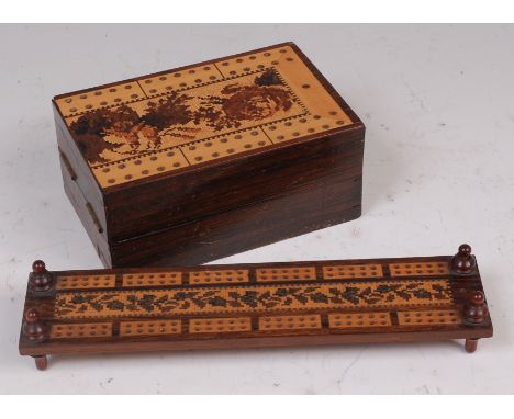 A circa 1900 rosewood and Tunbridge ware cribbage box, with fold-out action and trailing flower decoration, w.12.5cm (closed)