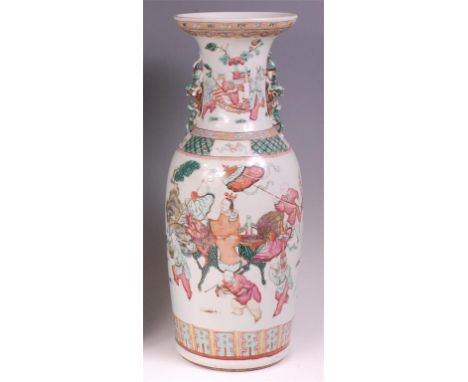 A 19th century Chinese famille rose floor vase, enamel decorated with ceremonial figure scene within lattice worked geometric