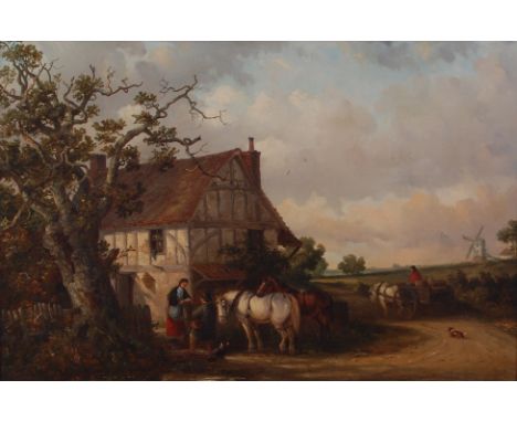 Thomas Smythe (1825-1906) - Extensive landscape with travellers and horses before a timbered cottage and windmill beyond, oil
