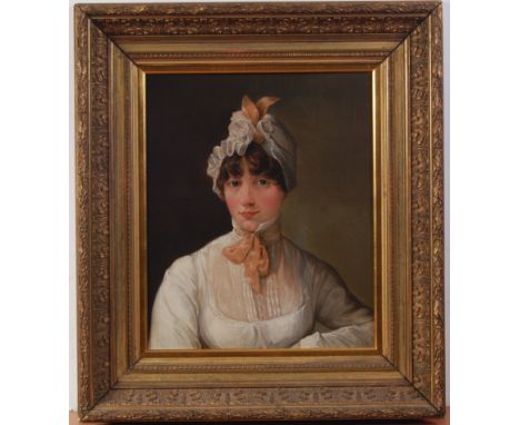 19th century English school - Bust portrait of a woman wearing a lace bonnet, oil on panel, 51 x 42cm 