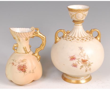 A Royal Worcester blushware vase, the shoulders with twin applied handles, the whole decorated with  wild flowers and heighte