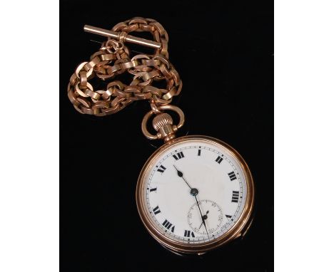 A George V gents 9ct gold pocket watch, the white enamel dial with subsidiary seconds dial, keyless movement, with gold inner