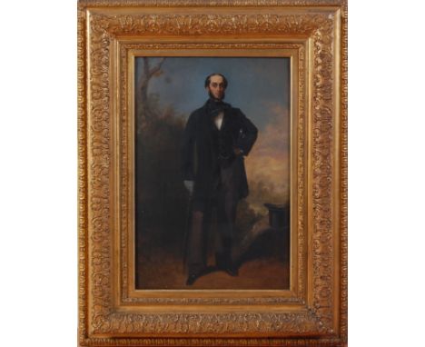 19th century English school - Full length portrait of a standing gentleman within a landscape, oil on panel, monogrammed and 