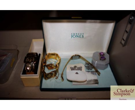 Various costume jewellery to include a rolled gold snap bangle, an Oriental style bracelet and ear-rings, ladies wrist watch,