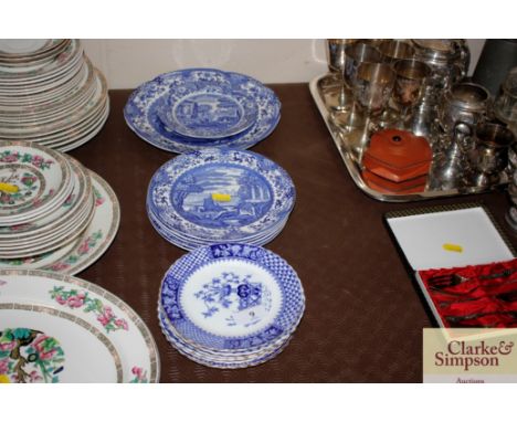 A quantity of various blue and white porcelain plates to include Copeland Spode "Italian" pattern and others 