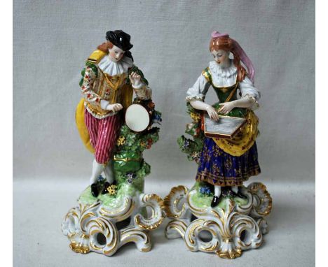 A pair of 19th century Derby style Figures as Musicians, possibly by Sampson, standing on pierced gilt bases, he with tambour