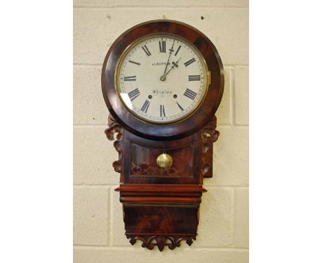 A Victorian mahogany cased Drop Dial Wall Clock by J Daykin of Skipton, 11' white enamel dial with Roman Numerals, two windin