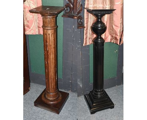 An Ebonised Turned and Fluted Column, 120cm high, step square base; together with a similar stained example, 108cm 