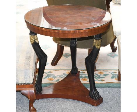 Two Similar Reproduction Regency Style Part Ebonised Mahogany Lamp Tables, one with zoomorphic legs and paw feet, the other w