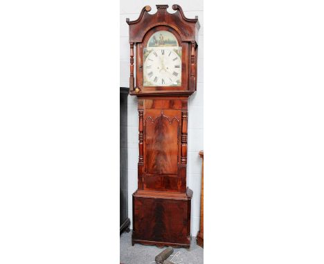 A Mahogany Eight Day Longcase Clock, circa 1830, 14" arch-painted dial, indistinctly signed, 225cm highwith pendulum and two 