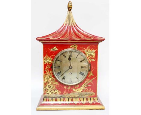 A Red Japanned Table Timepiece, retailed by Harrods Ltd, London, early 20th Century, 44cm highNo back door to show movementCl