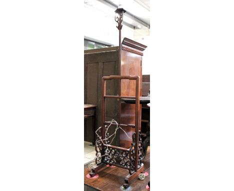 A Chinese Hardwood Rise and Fall Lamp, on pierced standA few scuffs but otherwise ok, lowest height including fitting, 133cm,