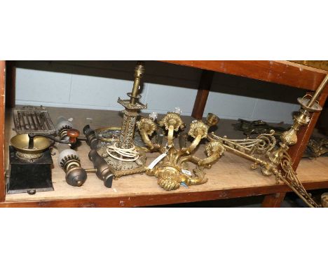 Assorted Lighting, including a brass four light wall applique, a small three tier chandelier with glass drops, a three branch