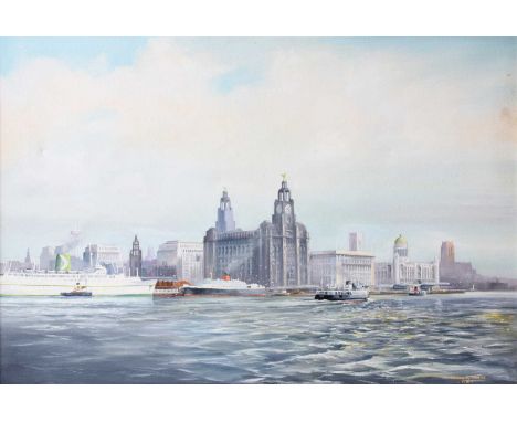 Trevor R Owens (Contemporary)View of the Liver building across the Mersey Signed and dated 1974, oil on canvas, 49.5cm by 75c