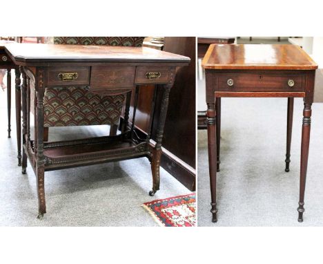 A Late Victorian Inlaid Rosewood Fold Over Card Table, 84cm by 45cm by 74cm; together with a crossbanded mahogany lamp table 