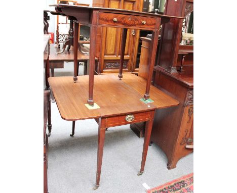 A George III Flame Mahogany Drop Leaf Lamp Table, fitted with a drawer opposed by a dummy; together with a later example, the
