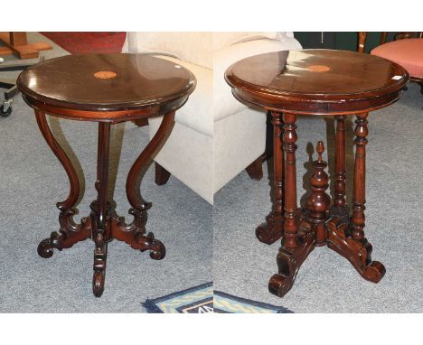 Two Similar Inlaid Mahogany Circular Lamp Tables, one on carved scroll supports, the other on turned supports, largest, 60cm 