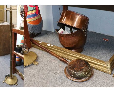 19th Century and Later Metalware, including a copper twin-handled pan, a copper helmet form coal-scuttle, a brass fire curb, 