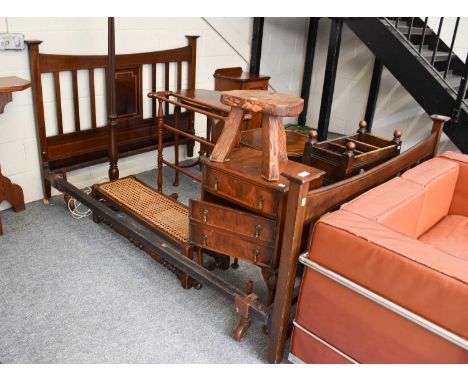A Group of Furniture Comprising, an Edwardian mahogany double bed, a Victorian mahogany pot cupboard, a 1920s turned oak thre