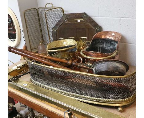 A Group of Metalwares to Include, a brass Art Nouveau rise and fall light fitting, a copper Arts and Crafts octagonal mirror,