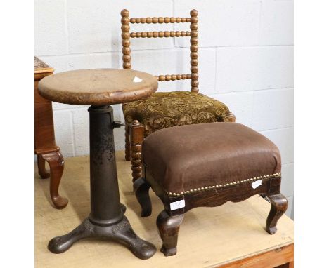 A Cast-Iron Adjustable Singer Stool, a 19th Century bobbin turned child's chair and another stool (3)