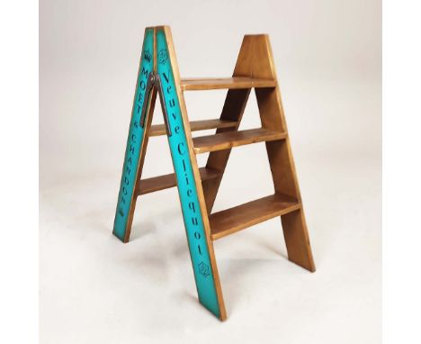 WOODEN STEP LADDER. blue painted with champagne label decoration, 81cm H x 44cm W x 70cm D.