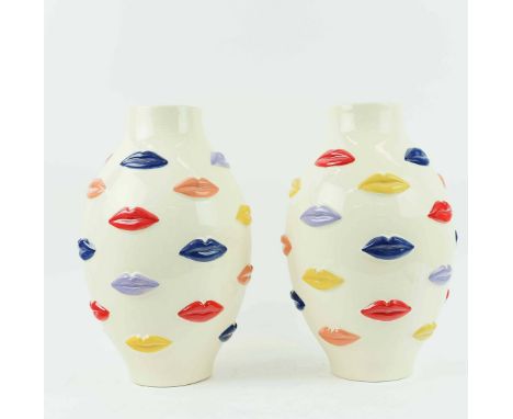 A PAIR OF VASES WITH LIPS. glazed ceramic, 42cm H x 23cm W.