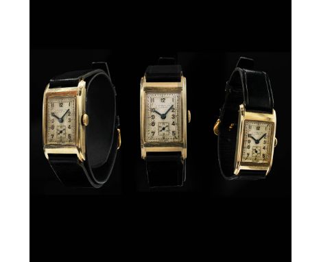ART-DECO J.W BENSON TANK WRIST WATCH. 1930's, 9K gold, 17mm x 38mm. Ref. 23263, currently ticking.