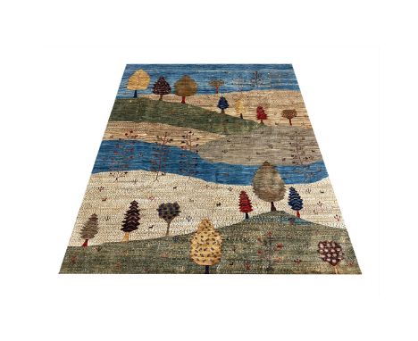 CONTEMPORARY HAND WOVEN PICTORAL VILLAGE CARPET. 295cm x 245cm.