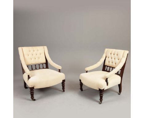 PAIR OF VICTORIAN ARMCHAIRS (2). Circa 1870, walnut in cream chenille on ceramic castors, ladies 80cm H x 60cm W x 70cm D, ge