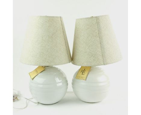 LAUREN RALPH LAUREN HOME TABLE LAMPS, A PAIR, WHITE CERAMIC. with shades, 47cm H approx. (2).