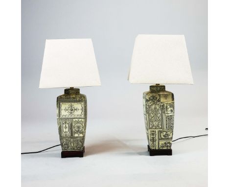 A PAIR OF COACH HOUSE TABLE LAMPS. Ceramic with classical printed decoration and linen shades 54cm H to top of fitting.