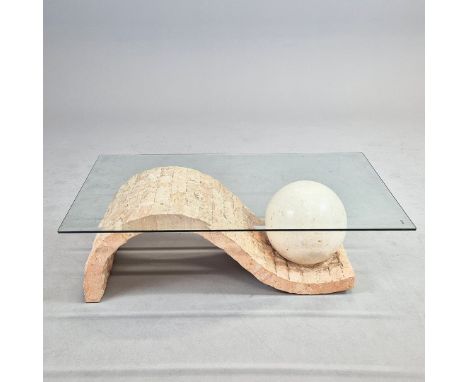 A 1980's MAGNUSSEN PONTE MACTON STONE COFFEE TABLE. With a bevelled glass top 42cm H x 125cm W x 70cm D.