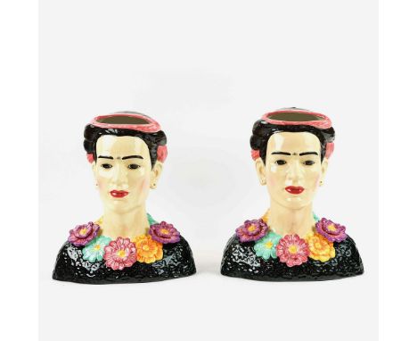 A PAIR CONTEMPORARY FRIDA KAHLO VASES. glazed ceramic, 36cm H x 30cm W.