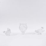 LALIQUE GLASS. TWO BOXED SPARROW FIGURES AND A ROSINE VASE (3).