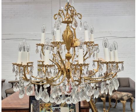 CHANDELIER, GILT METAL. with cut glass droplets 82cm w x 74cm t.