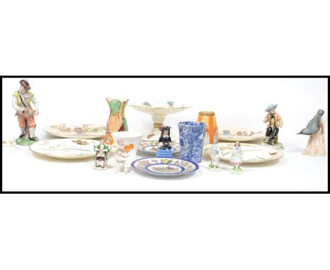 A collection of ceramics to include Minton aesthetic movement ceramic tazza cake stand and 2 matching plates being decorated 