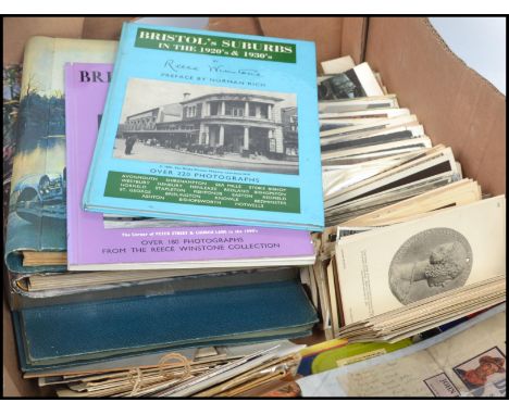 Box of collectables ex clearance. Cottage style Cheese Dish, quantity of old postcards(400+),&nbsp;Cigarette Cards&nbsp;in tw