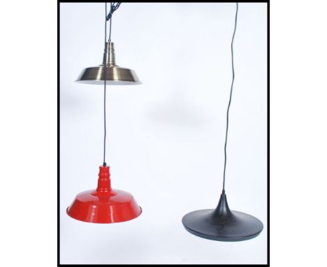A group of&nbsp; three retro / vintage industrial style factory pendant of enamel metal in the UFO style, in the red, black a