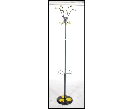 A vintage mid 20th century atomic style sputnik tubular metal coat / hat stand having angular hooks atop and yellow ball fini