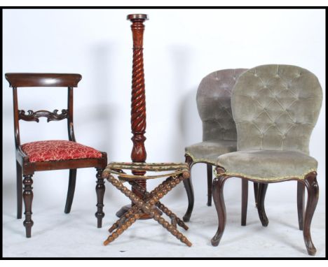 A 19th century bobbin turned folding coaching stand together with a Regency mahogany bar back dining chair, 2 Victorian butto