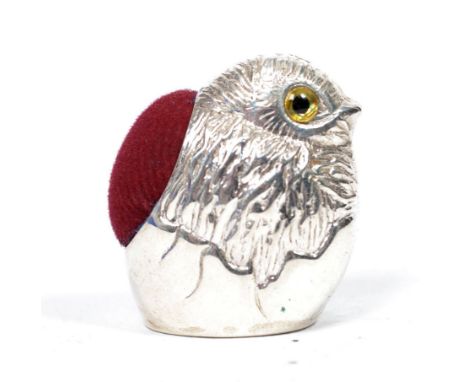 A silver pin cushion in the form of a chick having baize cushion and in the manner of Adie and Lovekin. Total weight 11.3g. M