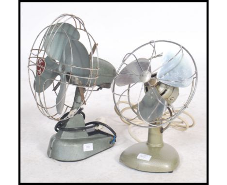 A mid 20th century vintage industrial electronic desk fan by H Frost &amp; Co of Walsall, finished with a light blue enamel b